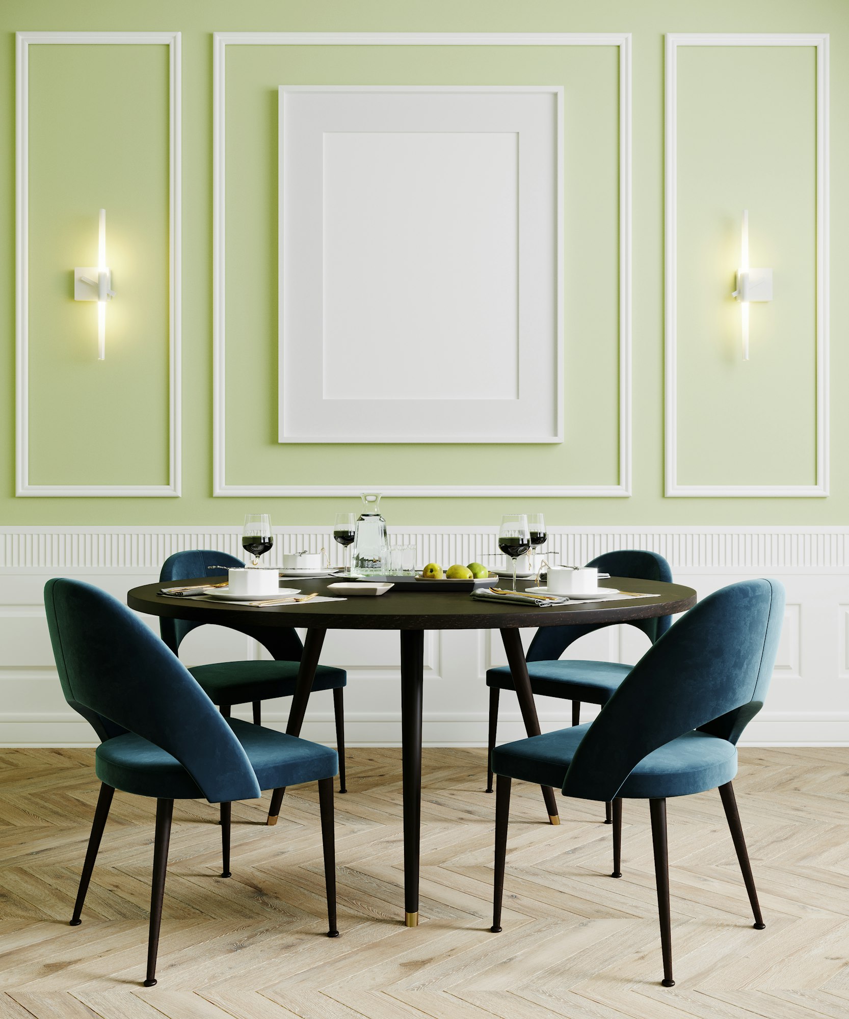 Dining room with blue chairs and lamps, light green empty wall mock up, 3d rendering